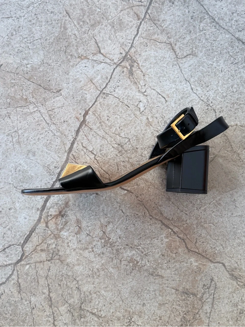 NEW! Valentino Garavani One Stud Black Leather Block Heel Sandals